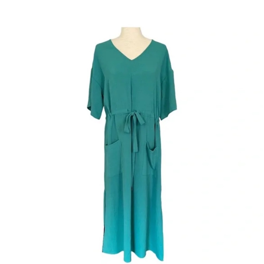 Teal V-Neck Midi Dress with Pockets DUAL NATURE